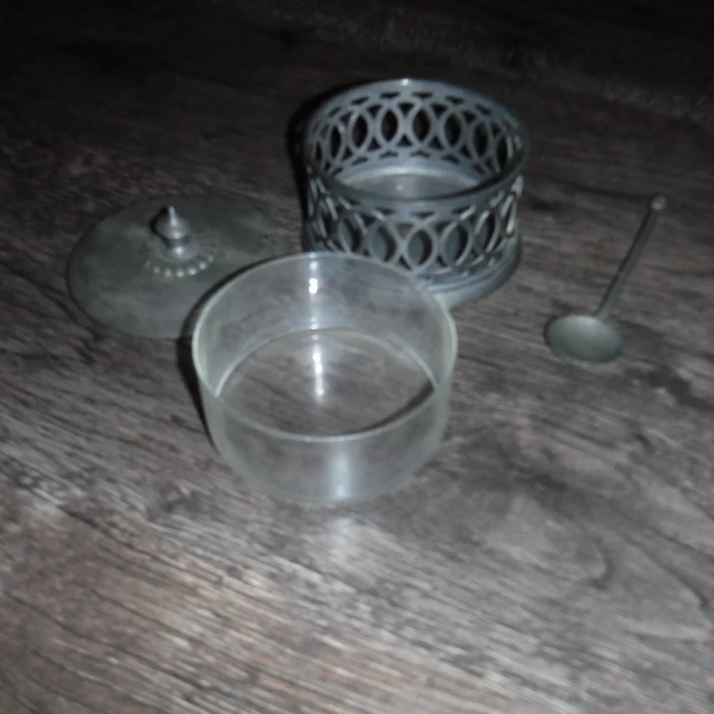 Vintage Pewter Sugar Bowl with Spoon Ornate‎ Lattice Lid